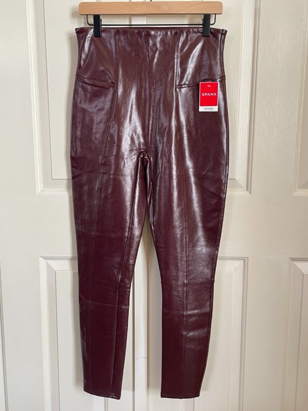 NWT SPANX Faux Leather Leggings, Ruby Burgundy Size L